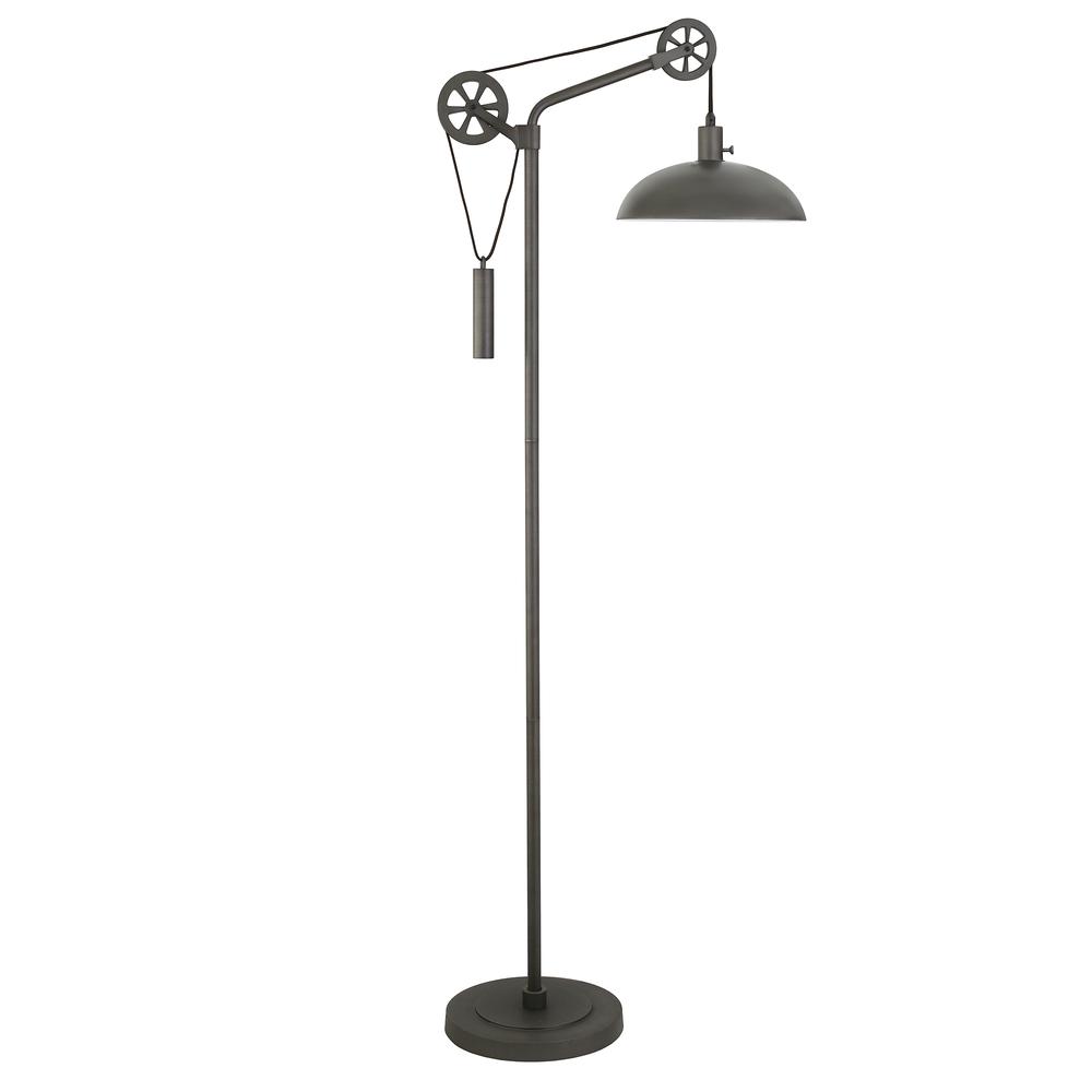 Neo Spoke Wheel Pulley System Floor Lamp with Metal Shade in Aged Steel/Aged Steel. Picture 1