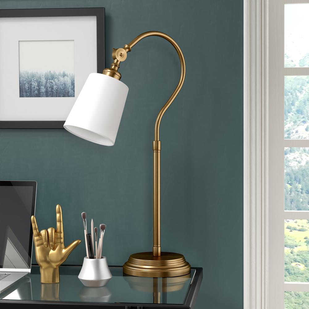 Harland 25" Tall Arc Table Lamp with Fabric Shade in Brushed Brass/White. Picture 2