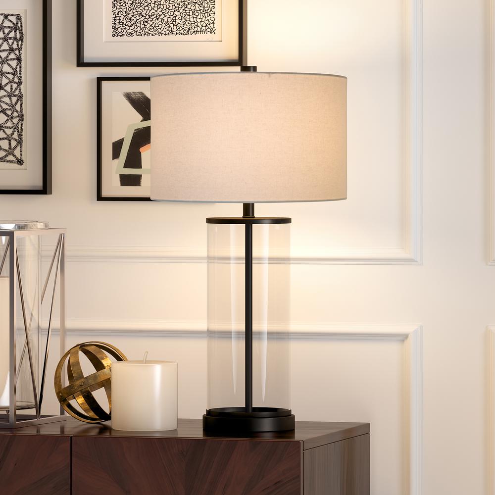 Rowan 28" Tall Table Lamp with Fabric Shade in Blackened Bronze/White. Picture 2