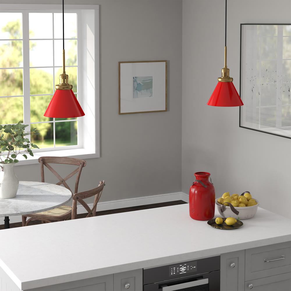Zeno 8.5" Wide Pendant with Metal Shade in Poppy Red/Brass/Poppy Red. Picture 4
