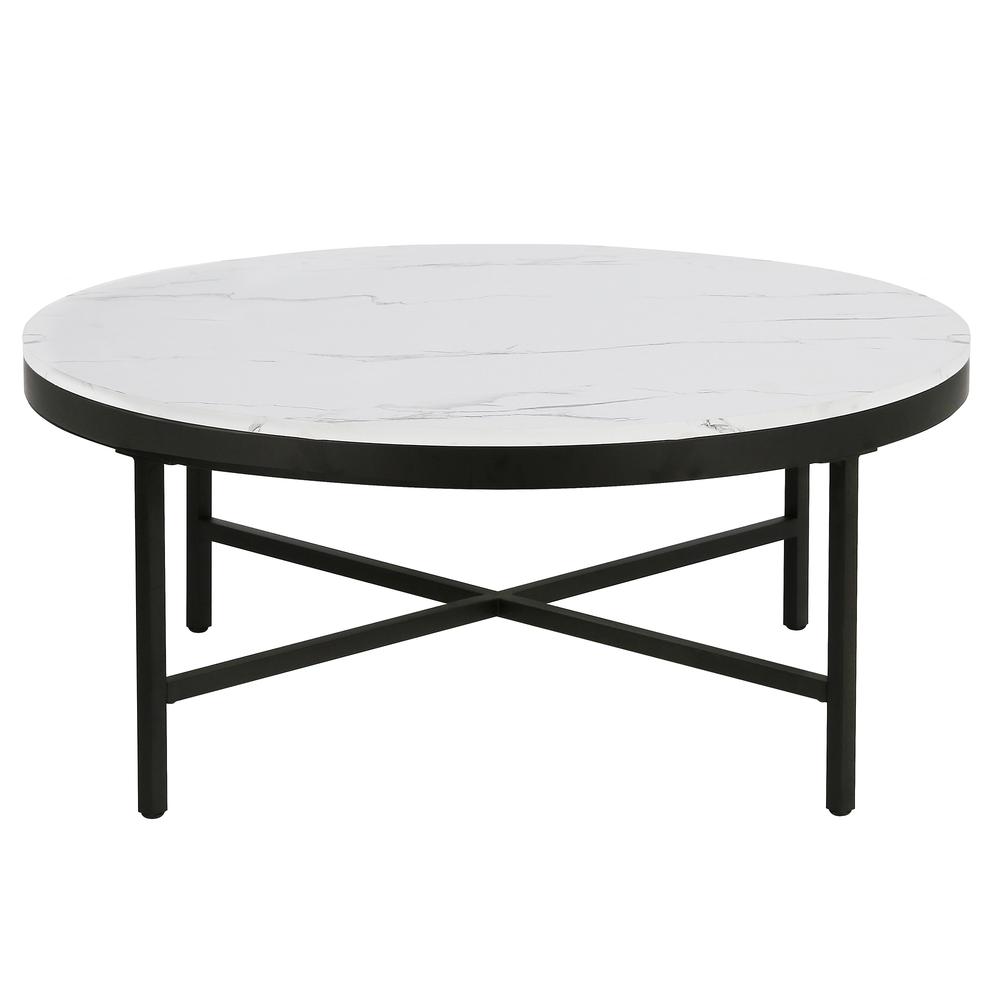 Xivil 36'' Wide Round Coffee Table with Faux Marble Top in Blackened Bronze/Faux Marble. Picture 3