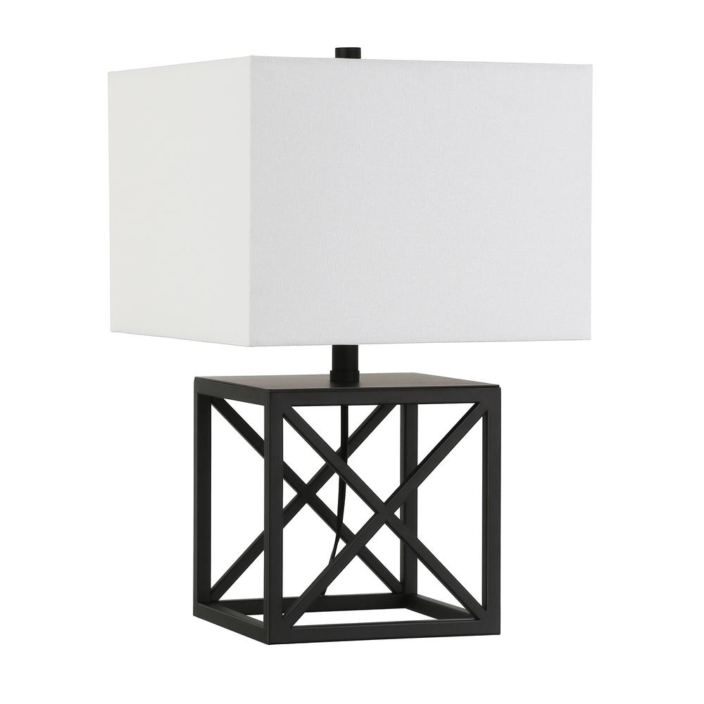 Dawson 19.5" Tall Table Lamp with Fabric Shade in Blackened Bronze/White. Picture 1
