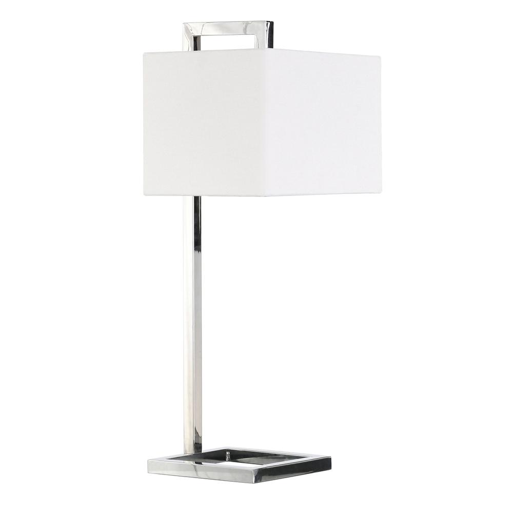 Grayson 26" Tall Table Lamp with Fabric Shade in Polished Nickel/White. Picture 1
