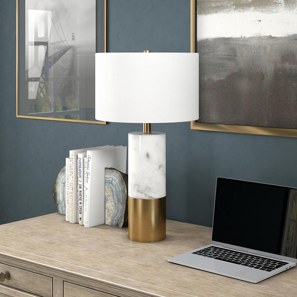 Liana 24" Tall Table Lamp with Fabric Shade in Marble/Brass/White. Picture 4