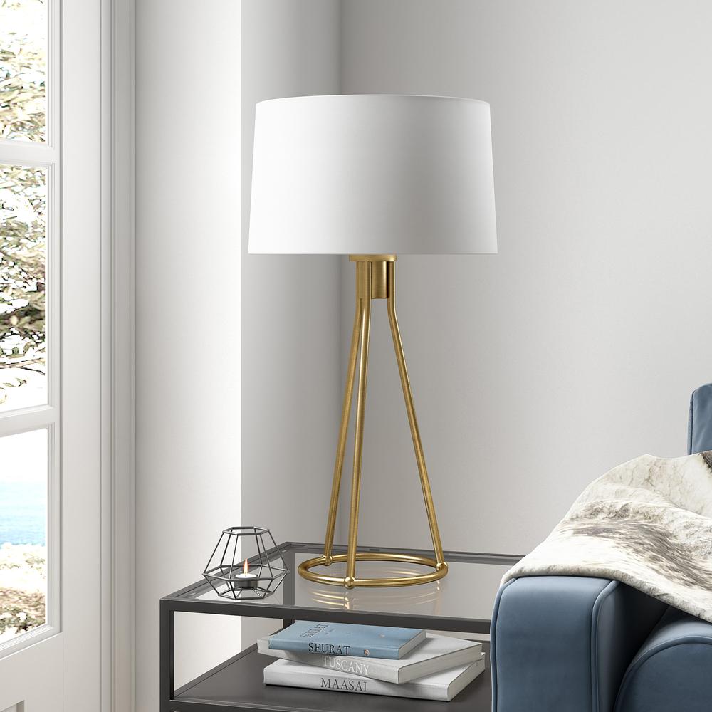 Nova 28" Tall Table Lamp with Fabric Shade in Brass/White. Picture 2
