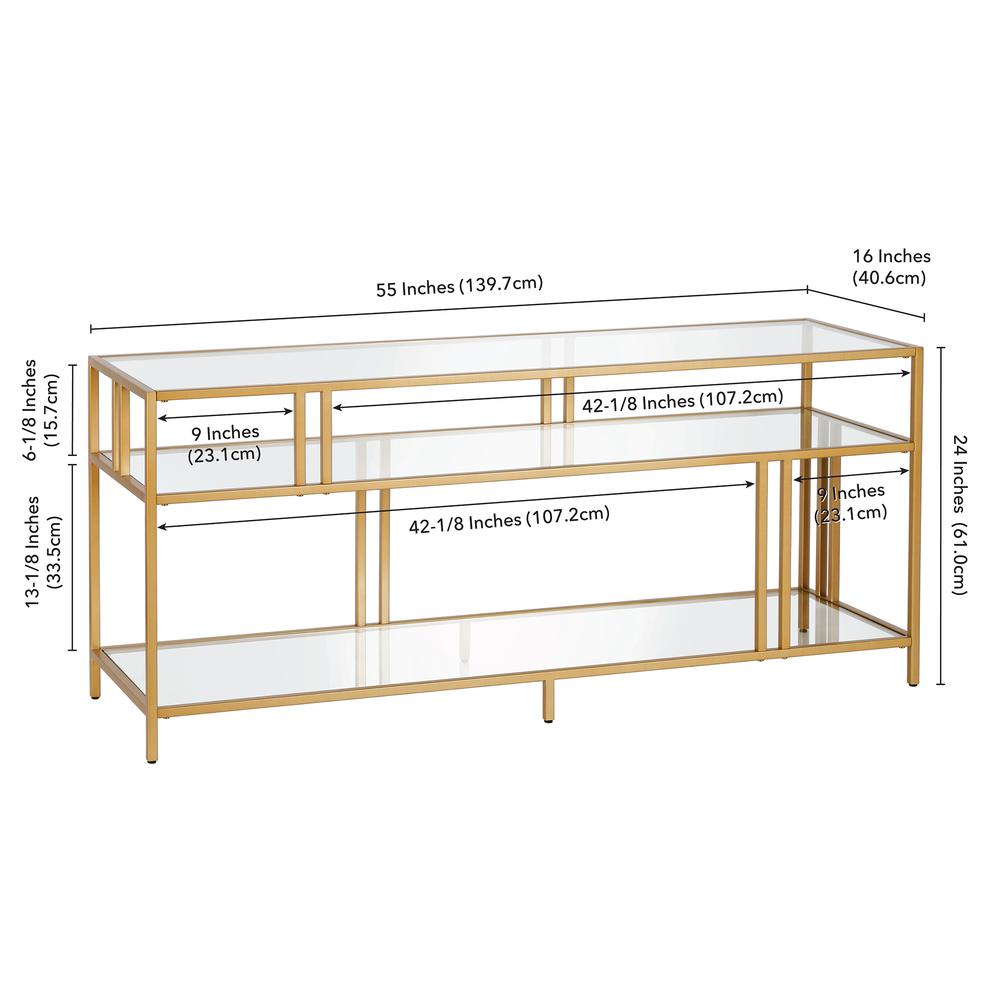 Cortland Rectangular TV Stand with Glass Shelves for TV's up to 60" in Brass. Picture 5