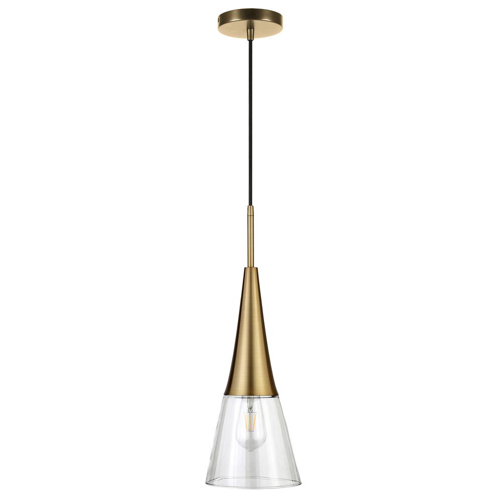Myra 7.5" Wide Pendant with Glass Shade in Brass/Clear. Picture 1