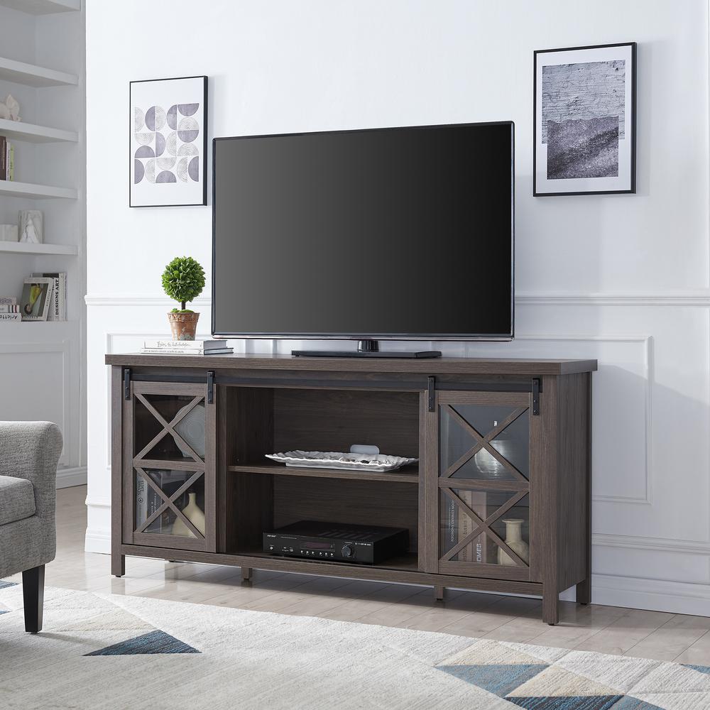 Clementine Rectangular TV Stand for TV's up to 80" in Alder Brown. Picture 2