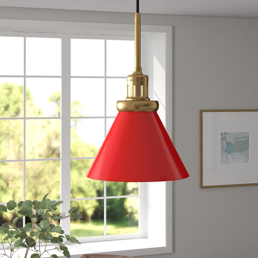 Zeno 8.5" Wide Pendant with Metal Shade in Poppy Red/Brass/Poppy Red. Picture 2