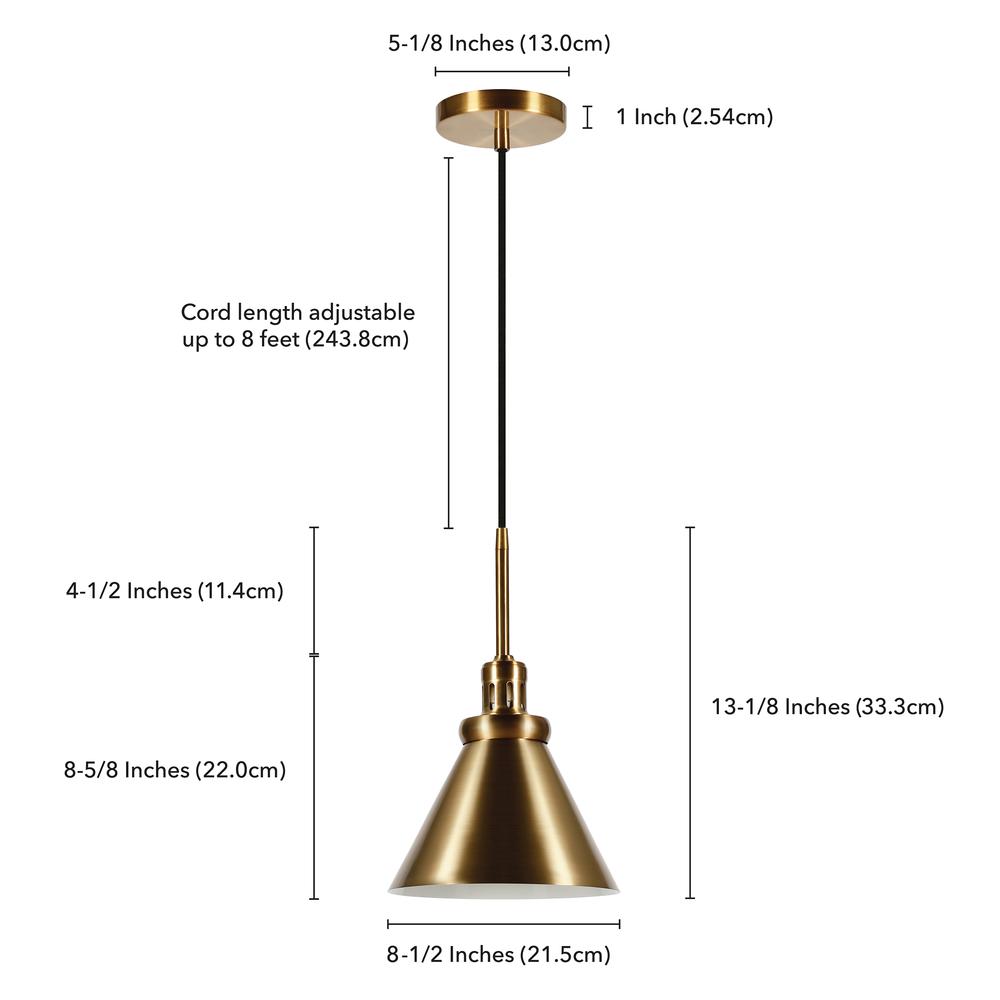 Zeno 8.5" Wide Pendant with Metal Shade in Brass/Brass. Picture 5