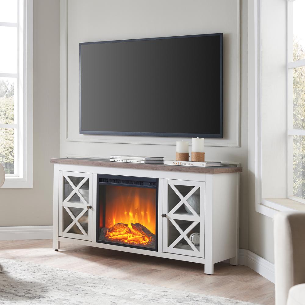 Colton Rectangular TV Stand with Log Fireplace for TV's up to 55" in White/Gray Oak. Picture 2