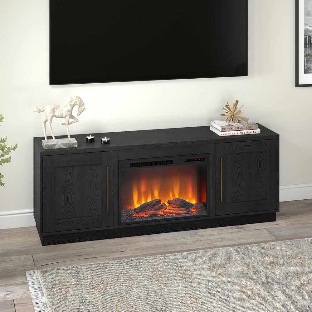 Tillman Rectangular TV Stand with Log Fireplace for TV's up to 80" in Black Grain. Picture 4