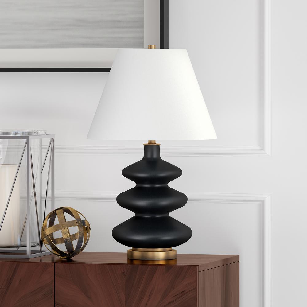 Carleta 26.5" Tall Triple Gourd Table Lamp with Fabric Shade in Matte Black/White. Picture 2