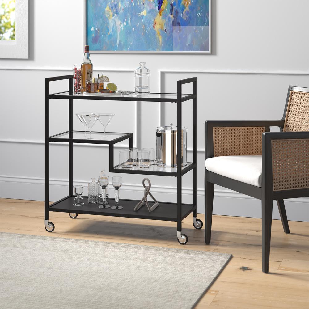 Lovett 33" Wide Rectangular Bar Cart with Glass and Metal Shelves in Blackened Bronze. Picture 4