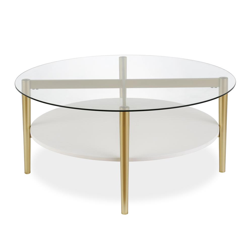 Otto 36'' Wide Round Coffee Table with MDF Shelf in Brass/White Lacquer. Picture 3