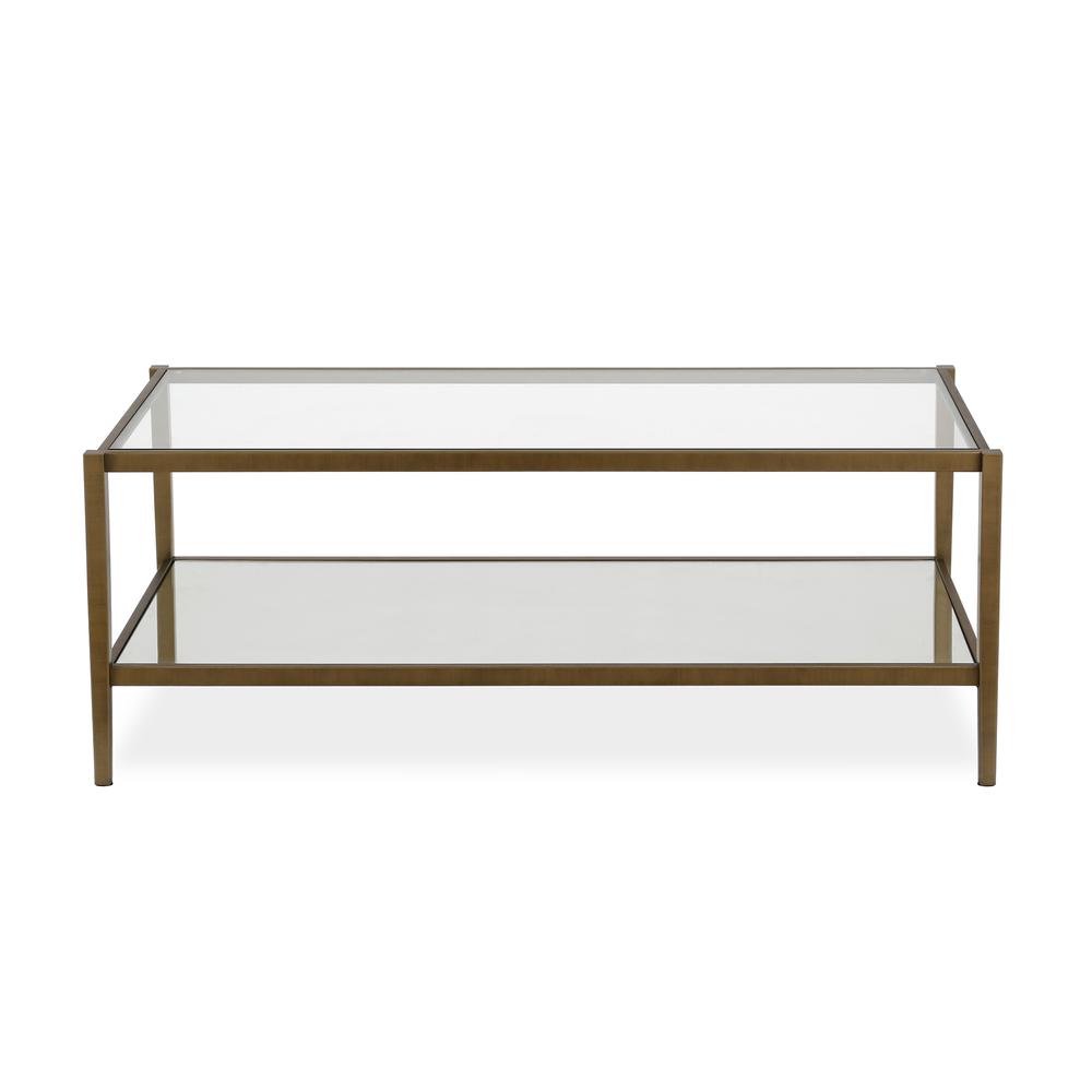 Hera 45'' Wide Rectangular Coffee Table with Glass Shelf in Brass. Picture 3