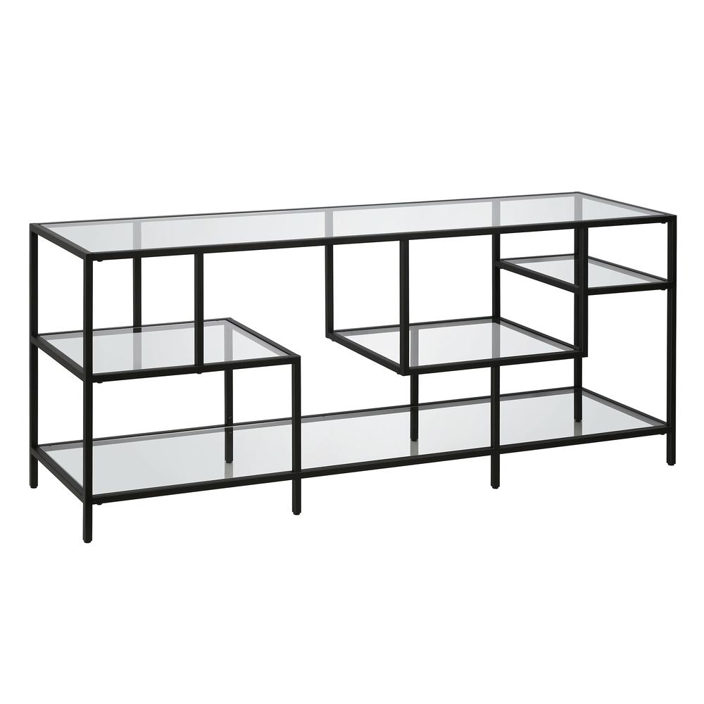 Deveraux Rectangular TV Stand with Glass Shelves for TV's up to 65" in Blackened Bronze. Picture 1