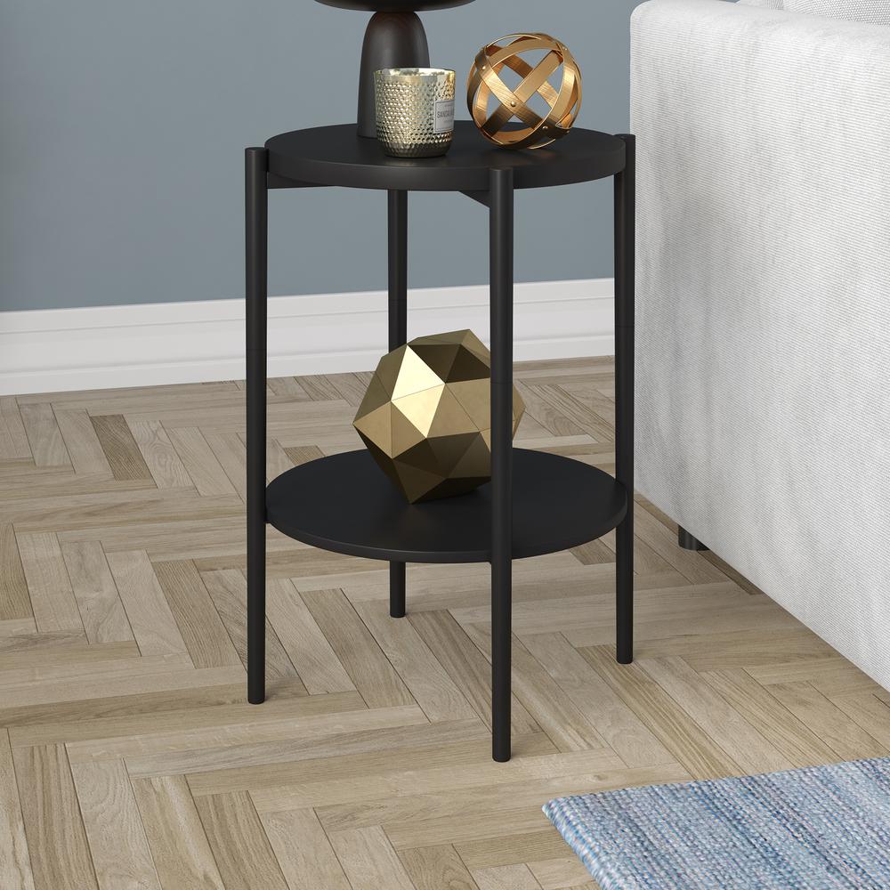 Wayne 18'' Wide Round Side Table with Metal Shelf in Blackened Bronze. Picture 2