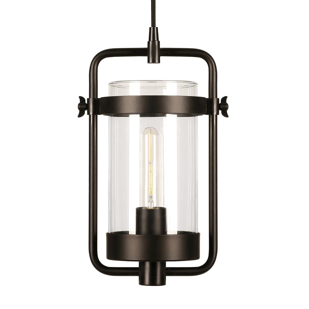 Orion 11" Wide Industrial Pendant with Glass Shade in Blackened Bronze/Clear. Picture 3