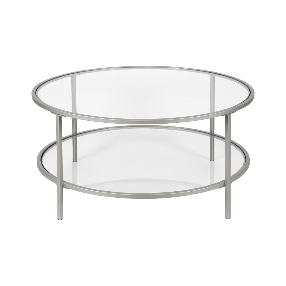 Sivil 36'' Wide Round Coffee Table with Glass Top in Nickel. Picture 1