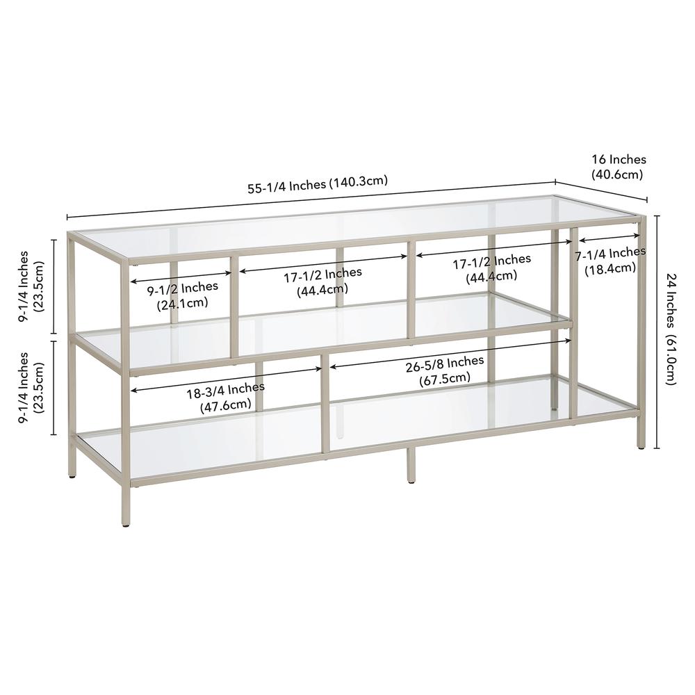 Winthrop Rectangular TV Stand with Glass Shelves for TV's up to 60" in Satin Nickel. Picture 5
