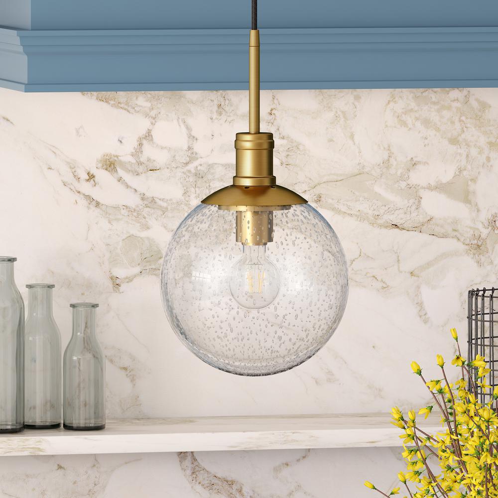 Walker 9" Wide Pendant with Glass Shade in Brass/Seeded. Picture 2