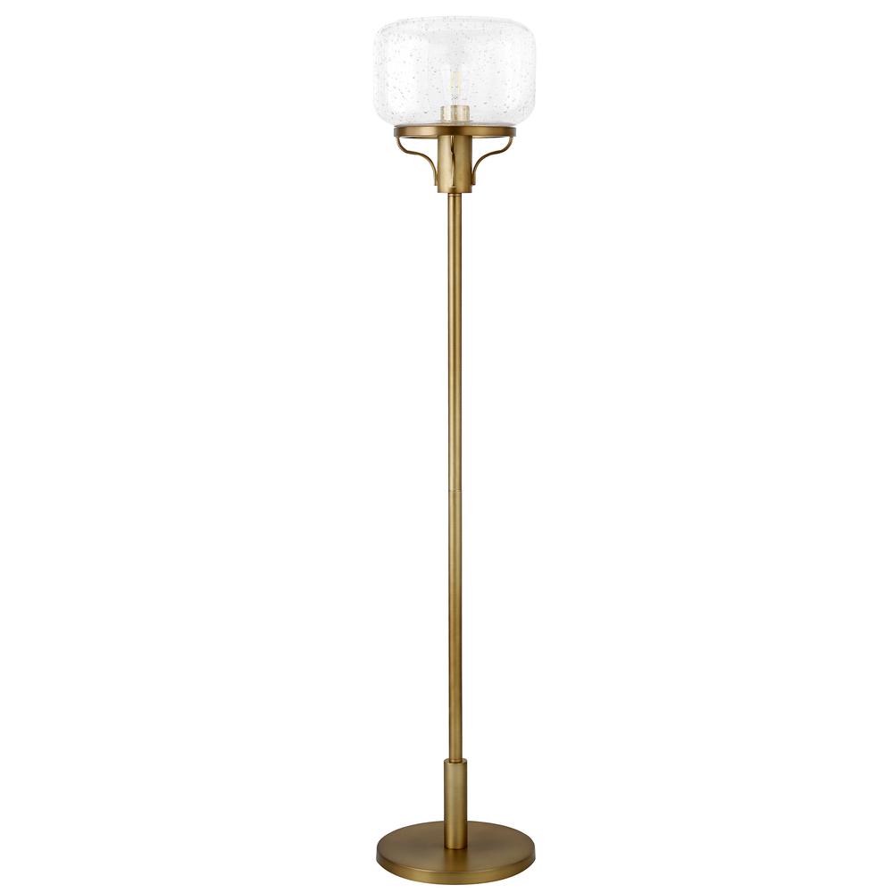 Tatum Globe & Stem Floor Lamp with Glass Shade in Brushed Brass/Seeded. Picture 1