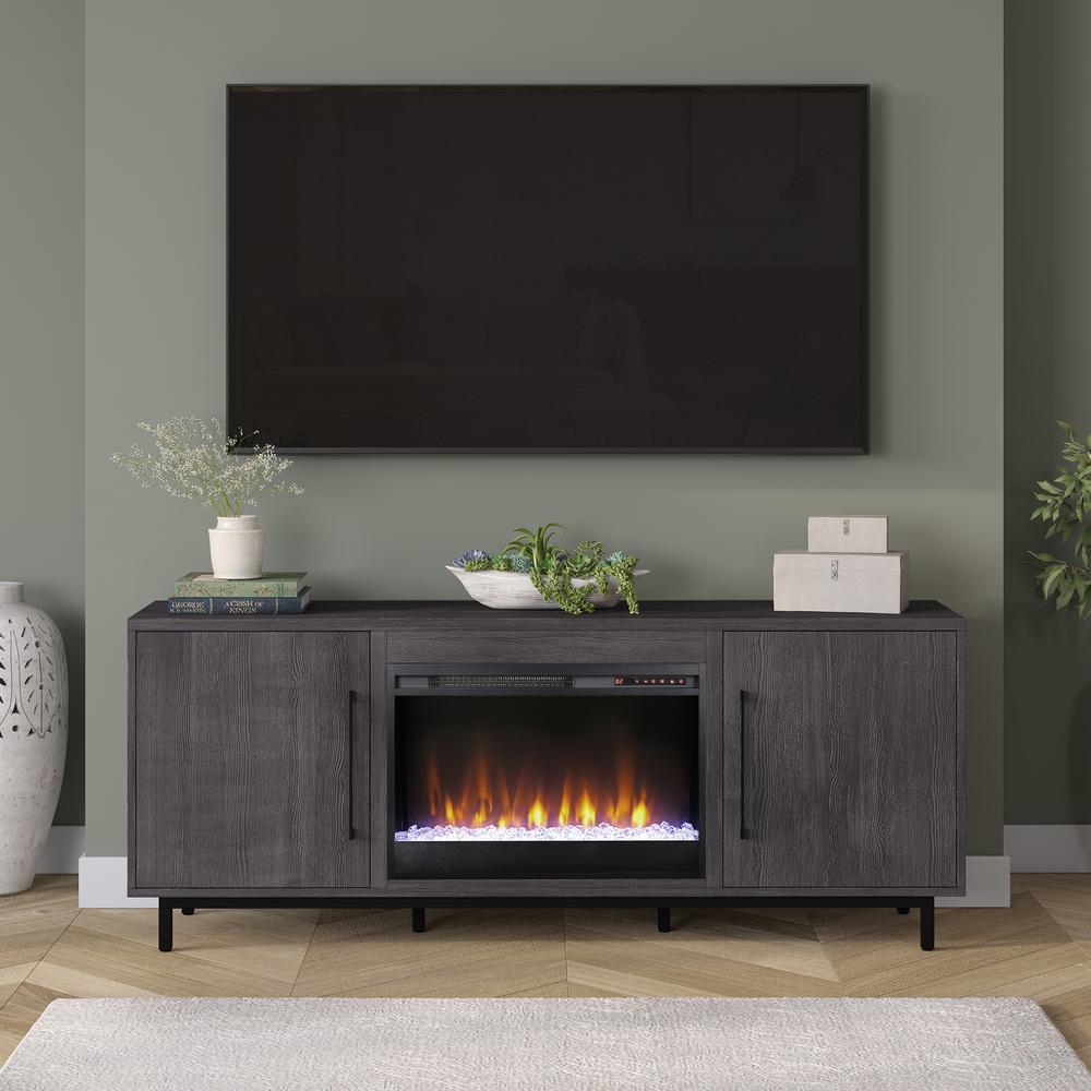 Julian Rectangular TV Stand with Crystal Fireplace for TV's up to 80" in Charcoal Gray. Picture 2