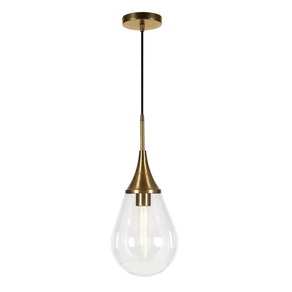 Ambrose 7.63" Wide Pendant with Glass Shade in Brass/Clear. Picture 3