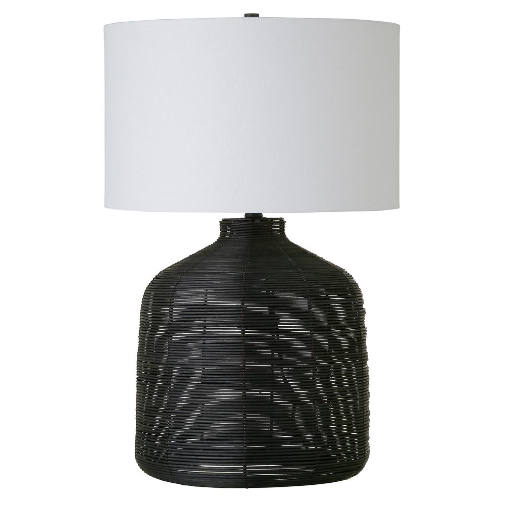 Jolina 26.5" Tall Oversized/Rattan Table Lamp with Fabric Shade in Black Rattan/White. Picture 1