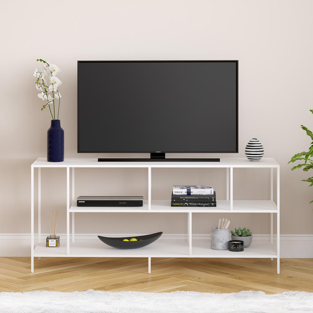 Winthrop Rectangular TV Stand with Metal Shelves for TV's up to 60" in Matte White. Picture 2