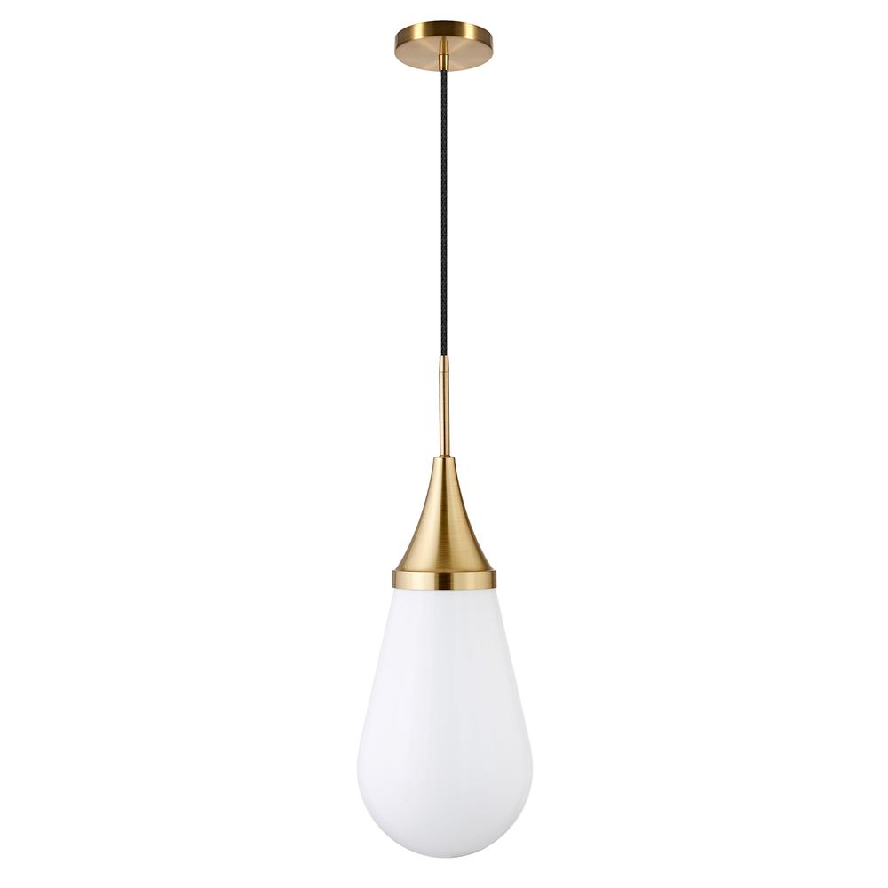 Ambrose 8.63" Wide Pendant with Glass Shade in Brass/Milk White. Picture 1