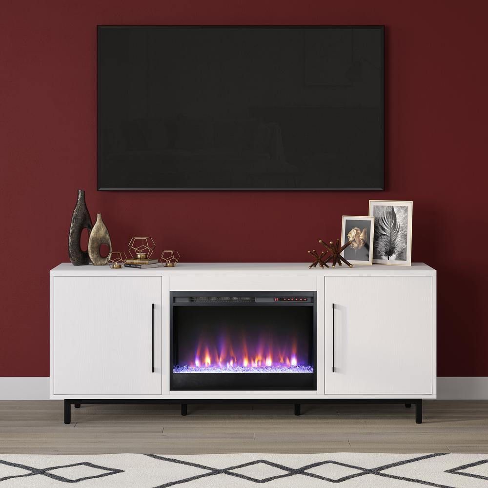 Julian Rectangular TV Stand with Crystal Fireplace for TV's up to 80" in White. Picture 2