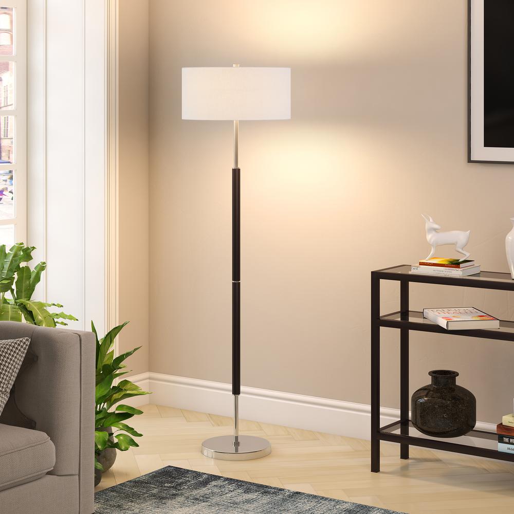 Simone 2-Light Floor Lamp with Fabric Shade in Matte Black/Polished Nickel/White. Picture 3
