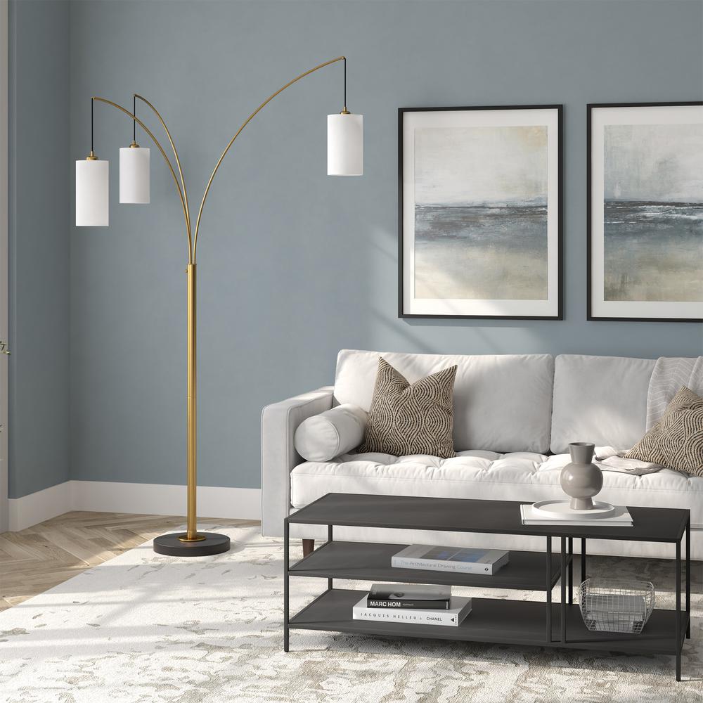 Aspen 3-Light Torchiere Floor Lamp with Fabric Shade in Brass/Blackened Bronze/White. Picture 3