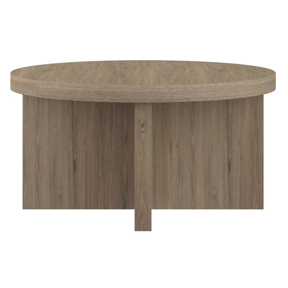 Elna 33" Wide Round Coffee Table in Antiqued Gray Oak. Picture 3