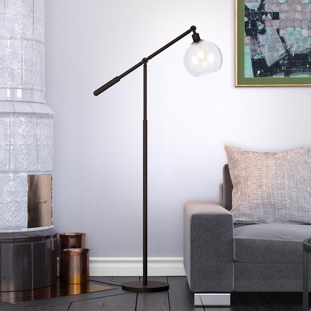 Dardan 60.62" Tall Floor Lamp with Glass Shade in Blackened Bronze/Seeded. Picture 3