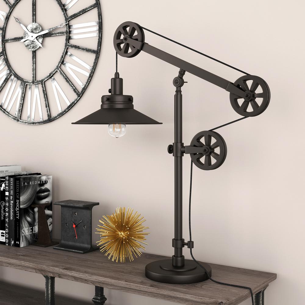 Descartes 29" Tall Wide Brim/Pulley System Table Lamp with Metal Shade in Blackened Bronze/Blackened Bronze. Picture 2