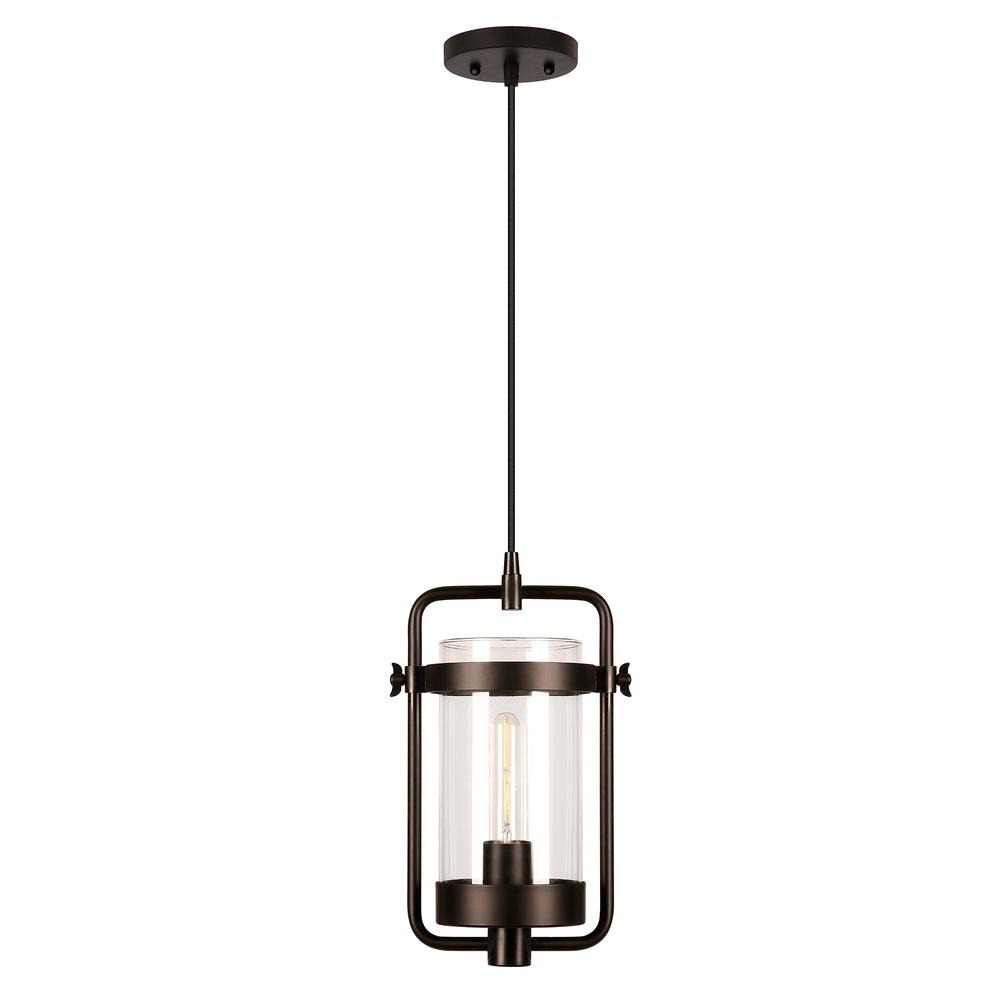 Orion 11" Wide Industrial Pendant with Glass Shade in Blackened Bronze/Clear. Picture 1
