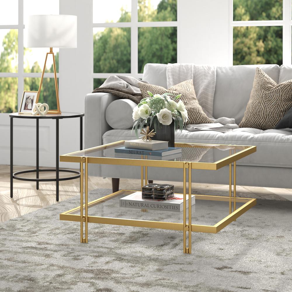 Inez 32'' Wide Square Coffee Table in Brass. Picture 2