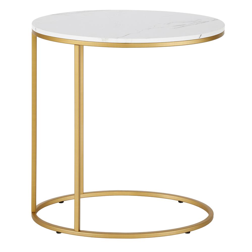 Enzo 20'' Wide Oval Side Table with Faux Marble Top in Brass. Picture 3