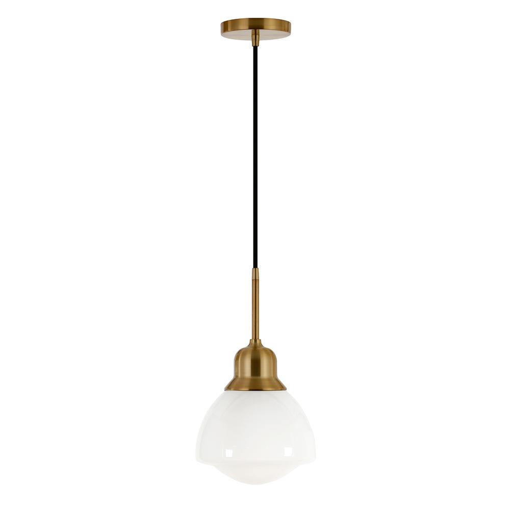 Brooks 8.12" Wide Pendant with Glass Shade in Brass/White Milk. Picture 1