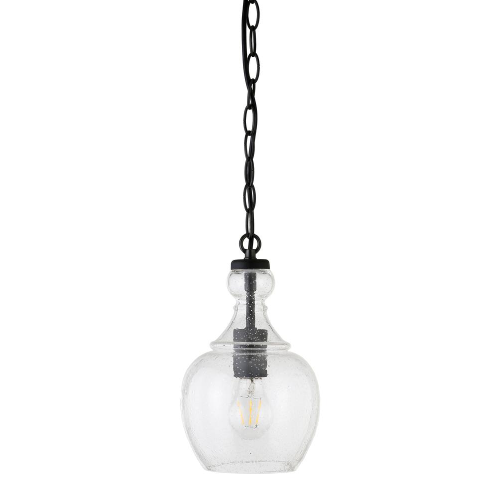 Verona 7" Wide Pendant with Glass Shade in Blackened Bronze/Seeded. Picture 1