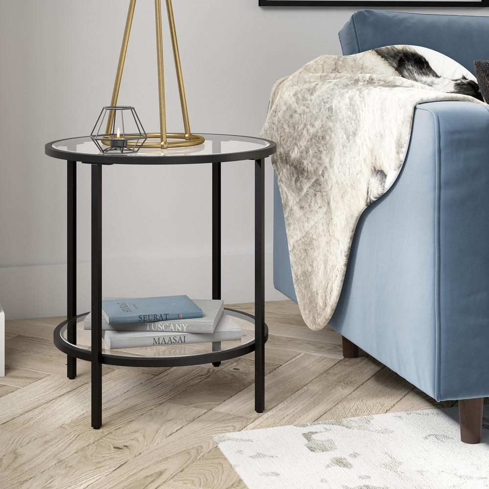 Sivil 20'' Wide Round Side Table with Glass Shelf in Blackened Bronze. Picture 2