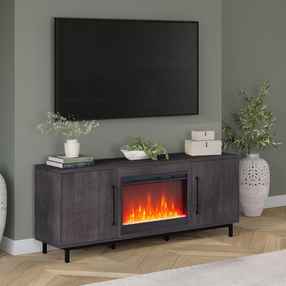 Julian Rectangular TV Stand with Crystal Fireplace for TV's up to 80" in Charcoal Gray. Picture 4