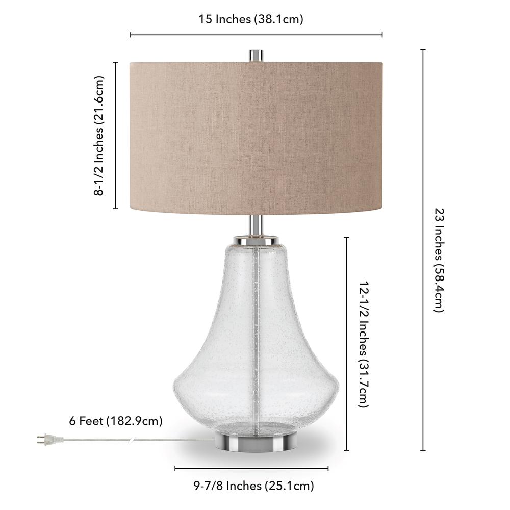 Lagos 23" Tall Table Lamp with Fabric Shade in Seeded Glass/Polished Nickel/Flax. Picture 4