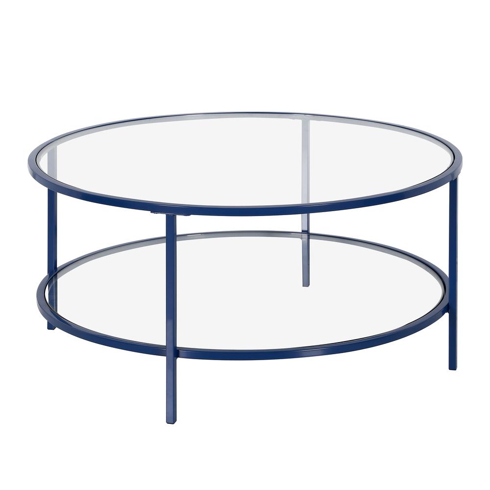 Sivil 36'' Wide Round Coffee Table with Glass Top in Mykonos Blue. Picture 1