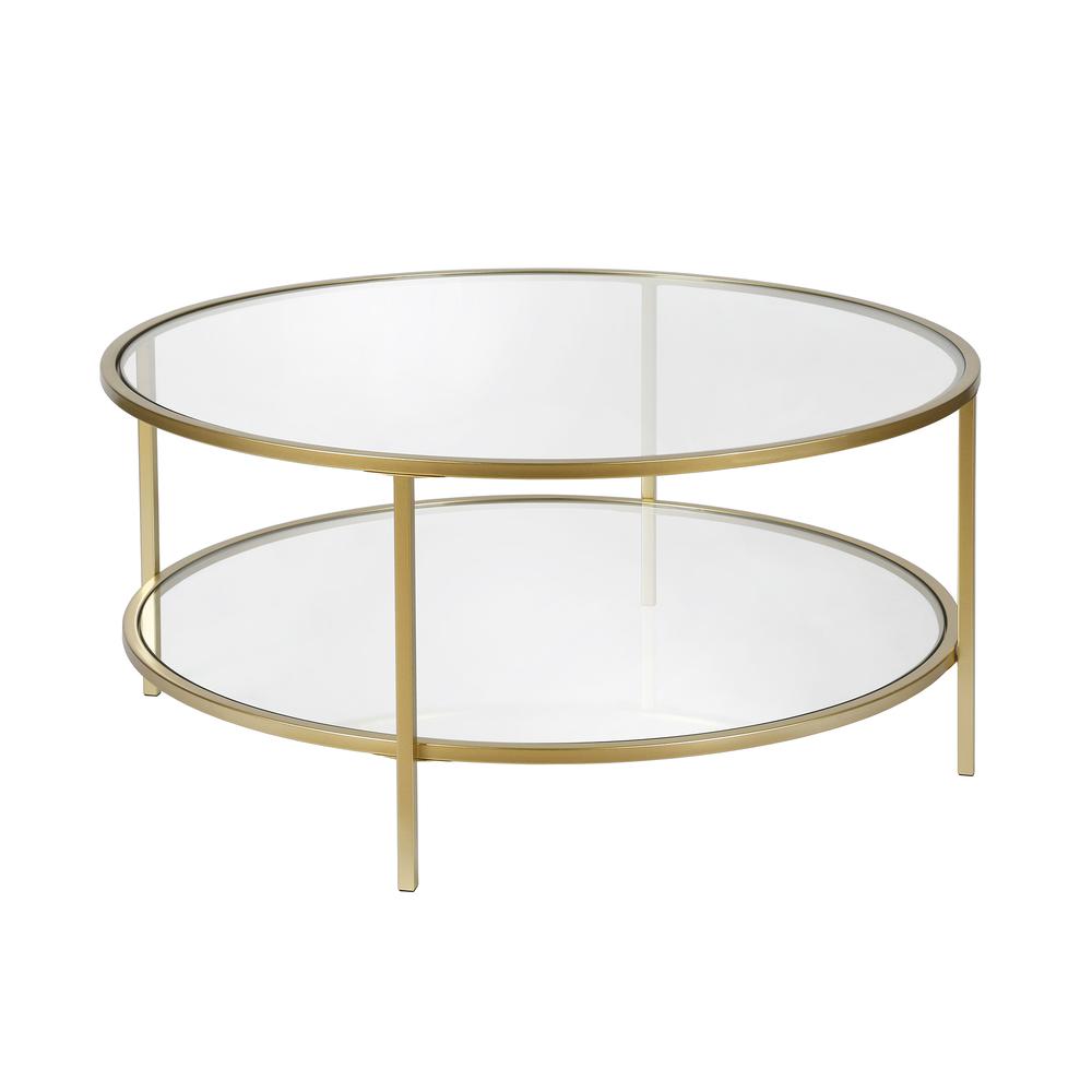Sivil 36'' Wide Round Coffee Table with Glass Top in Brass. Picture 3