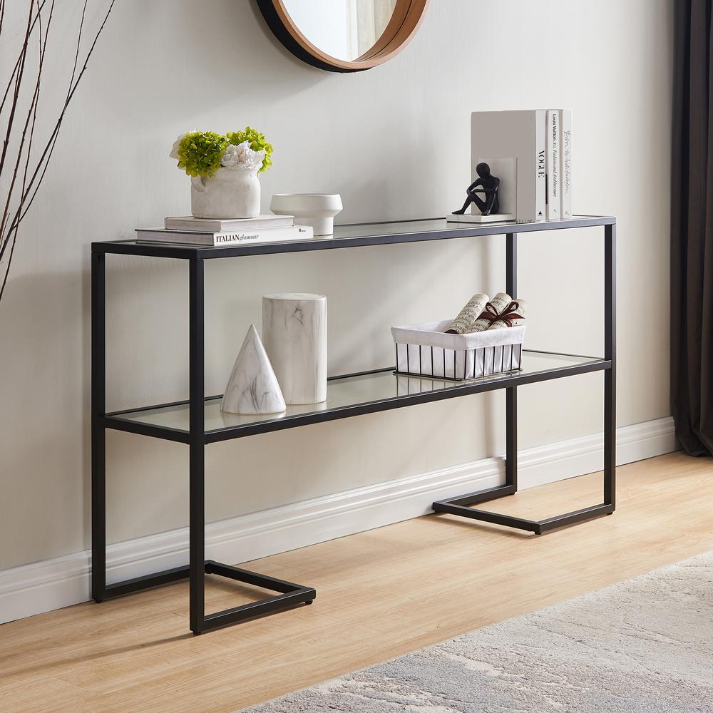 Errol 55'' Wide Rectangular Console Table with Glass Top in Blackened Bronze. Picture 3