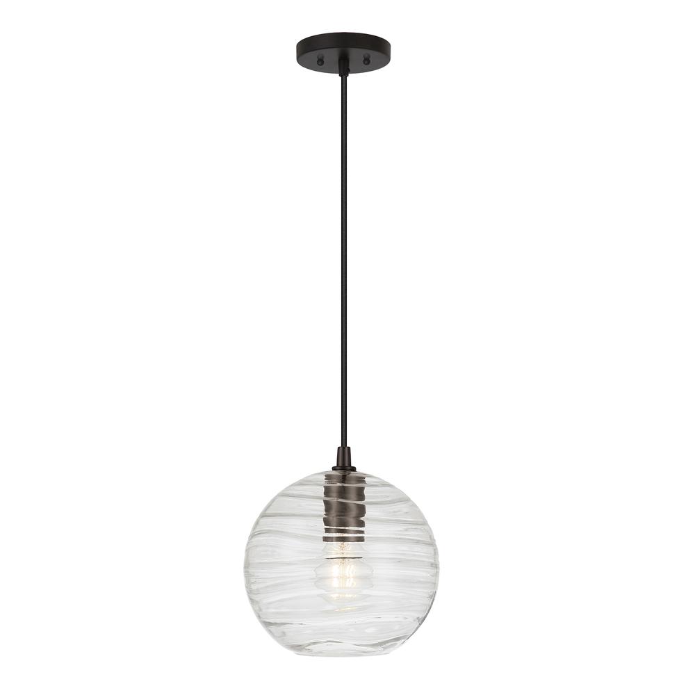 Wayve 8" Wide Textured Pendant with Glass Shade in Blackened Bronze/Clear. Picture 1